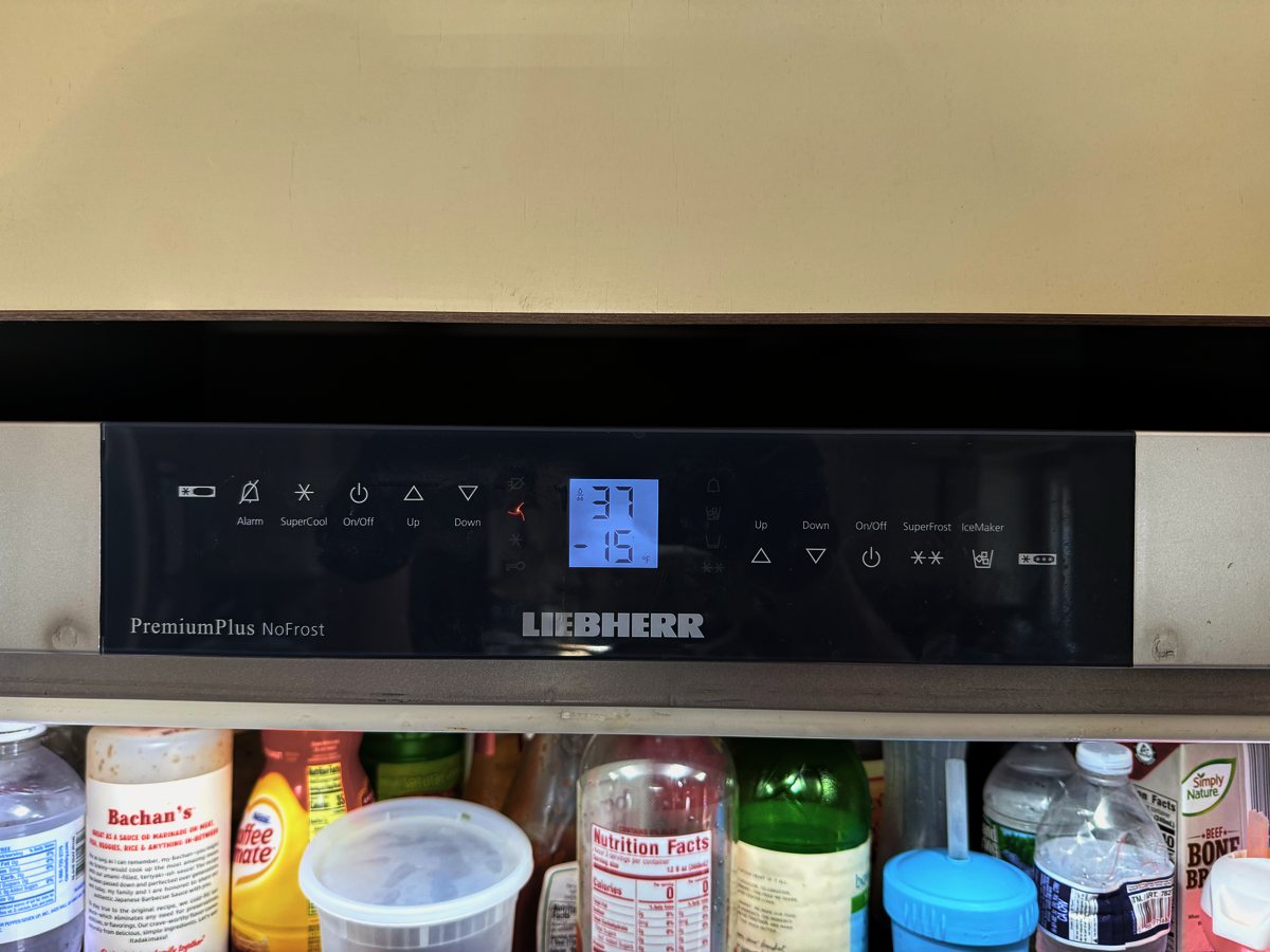 Liebherr refrigerator control panel showing fridge and freezer temperatures during a service check — Appliance Rescue Team serves Dumont, NJ